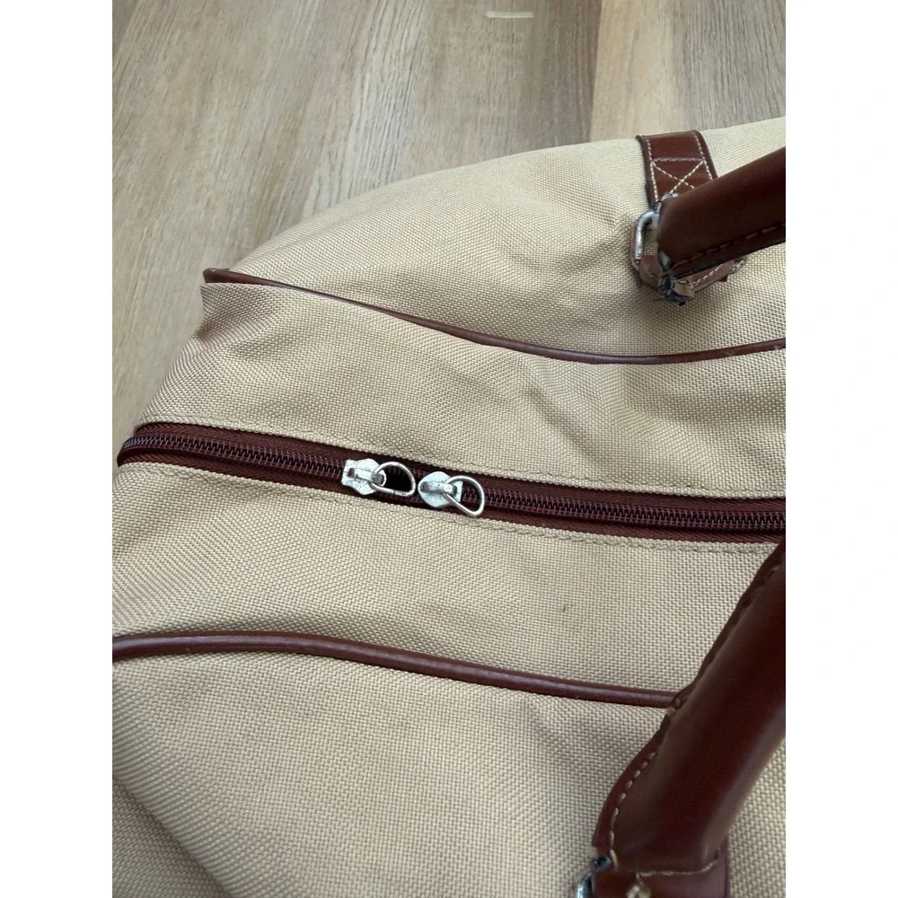 Polo Ralph Lauren Vintage Canvas Duffle Bag Tan Brown Leather Trim Weekender